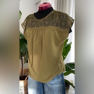 French Connection Olive Lace Yoke Sleeveless Blouse